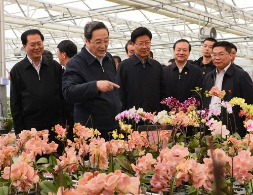 3月28日,俞正聲在兵團(tuán)第一師阿拉爾市國家級現(xiàn)代農(nóng)業(yè)示范區(qū)10團(tuán)“南果北種”基地調(diào)研。(李楊攝)