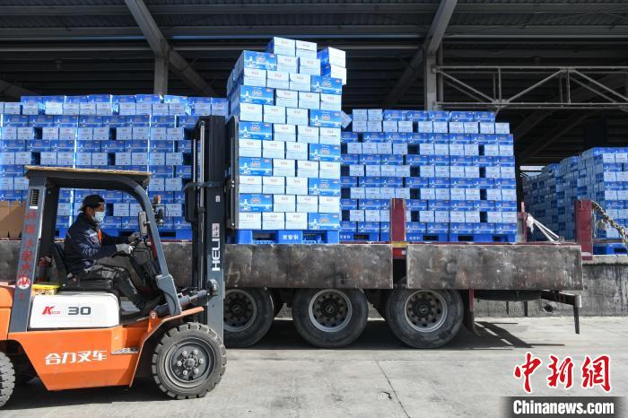 圖為工作人員在裝載抗疫生活物資?！∝暩聛硭?攝