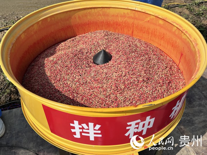貴陽市堰塘村農(nóng)機(jī)作業(yè)現(xiàn)場，拌種機(jī)正在運(yùn)轉(zhuǎn)。人民網(wǎng) 陳潔泉攝